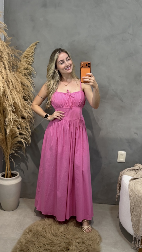 vestido midi tricoline rosa