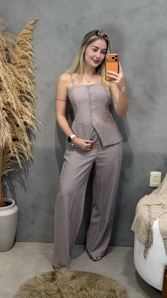 conj calça e colete com alça cinza