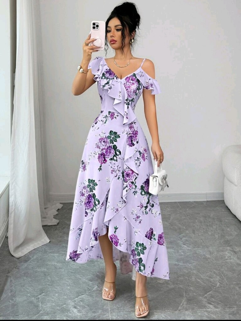 VESTIDO BLANCO Y LILA DE FLORES TALLA XXL