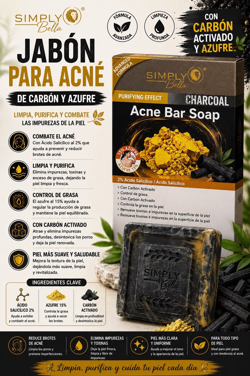 Simply Bella Jabón para acné de carbón y azufre
