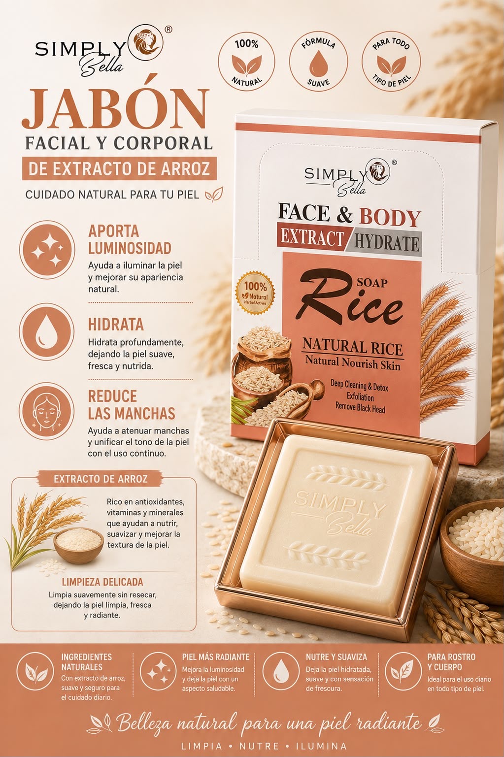 Jabón facial y corporal Simply Bella Extracto de Arroz