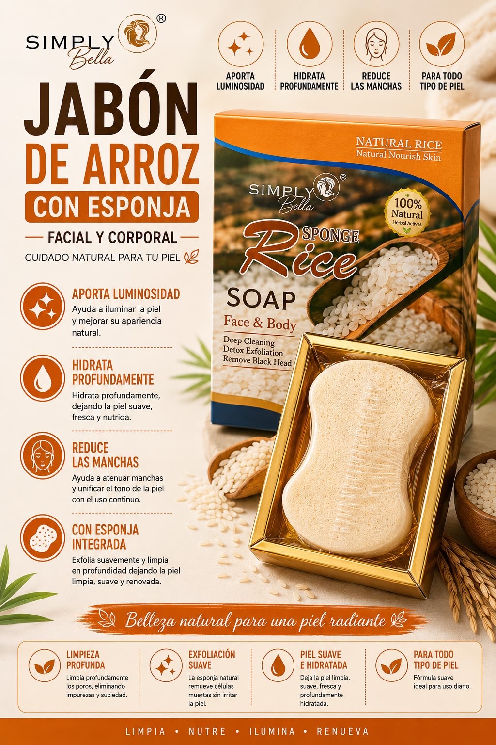 Jabón de arroz con esponja Simply Bella