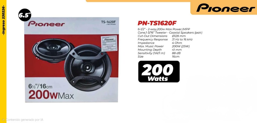 BOCINAS PIONNER 6.5" 200W MAX