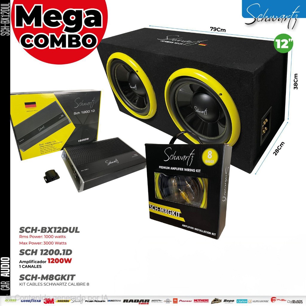 COMBO DE SUBWOOFER DE DOBLE BOSINA Y PLANTA Y KIT DE CABLES