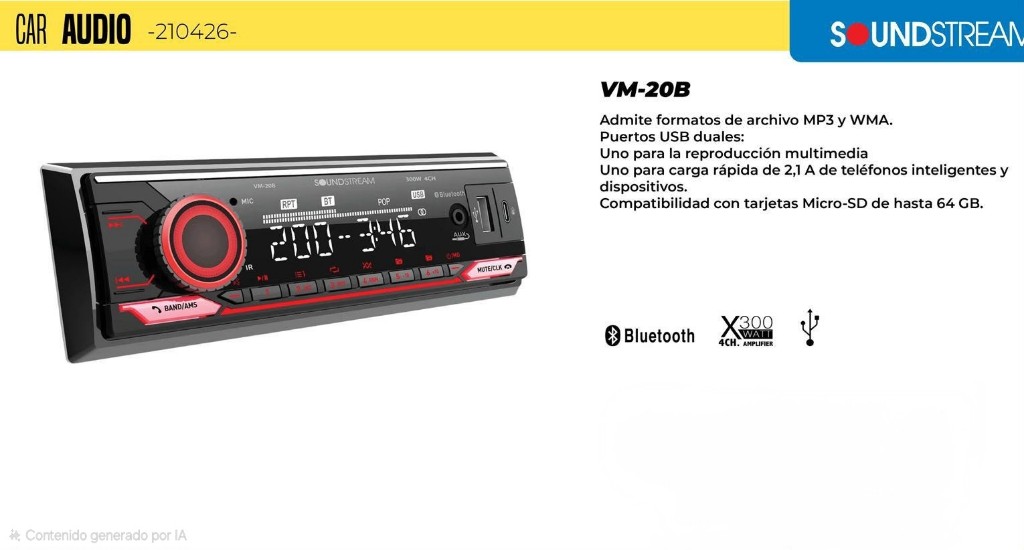 RADIO SOUNDSTREAM CON BLUETOOTH Y USB Y AUXILIAR