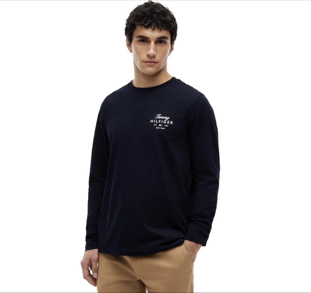 Tommy Hilfiger Camisetas gráficas de algodón de manga larga con cuello redondo y logotipo apilado para hombre