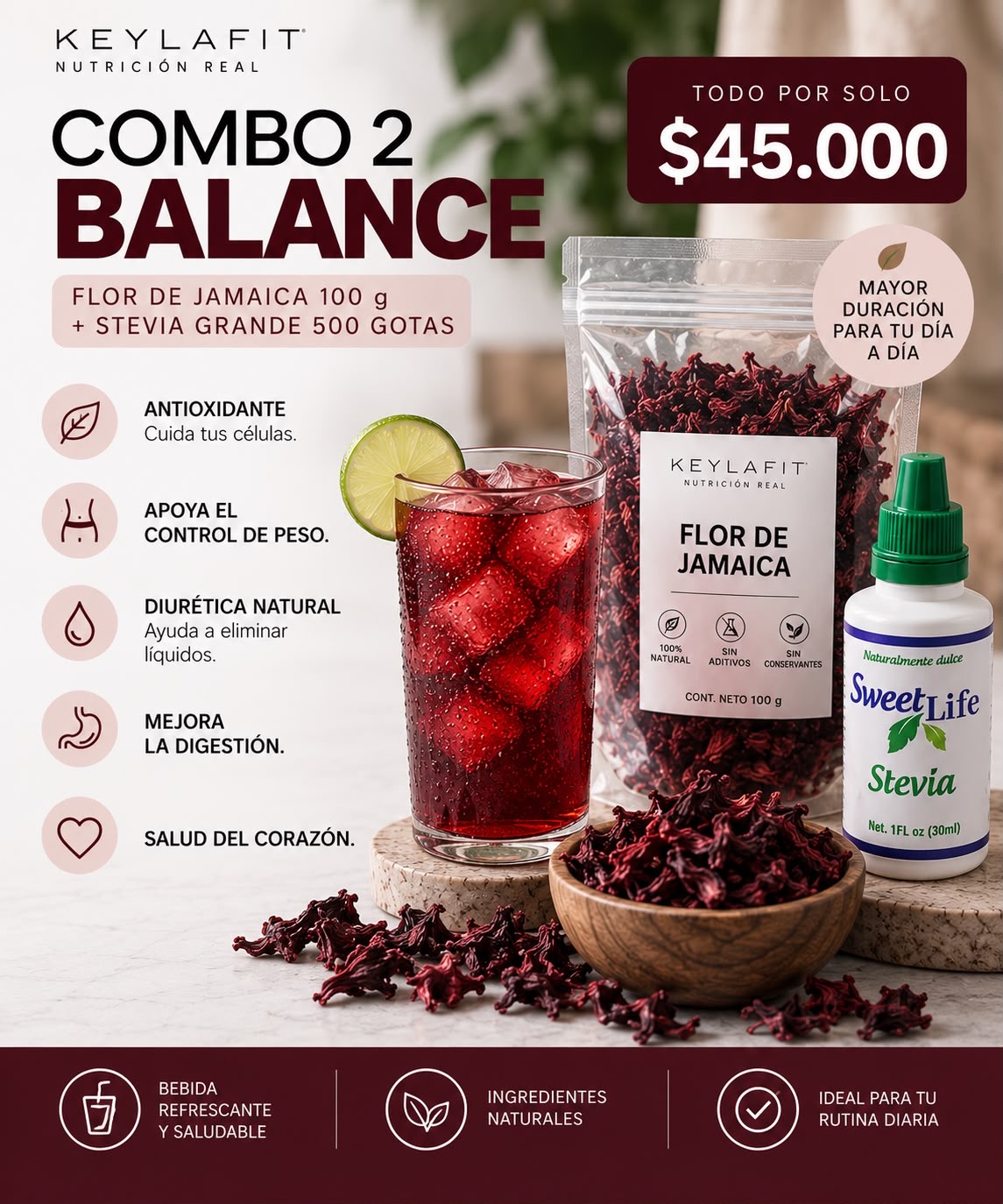 Combo 2 Balance KeylaFit Flor de Jamaica 100 g + Stevia grande 500 gotas