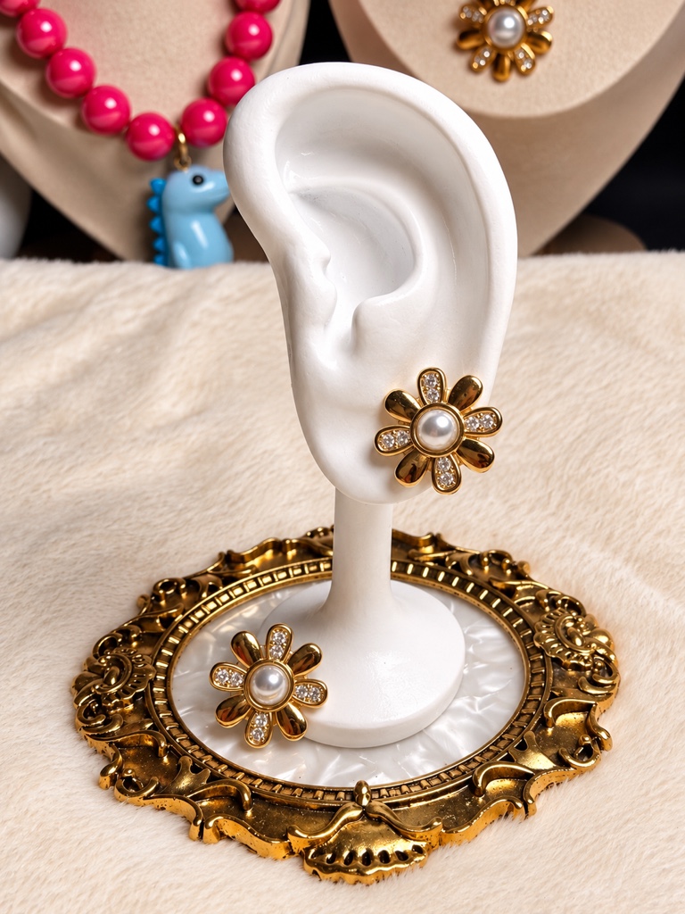 Aretes flor con zirconia dorados pétalos