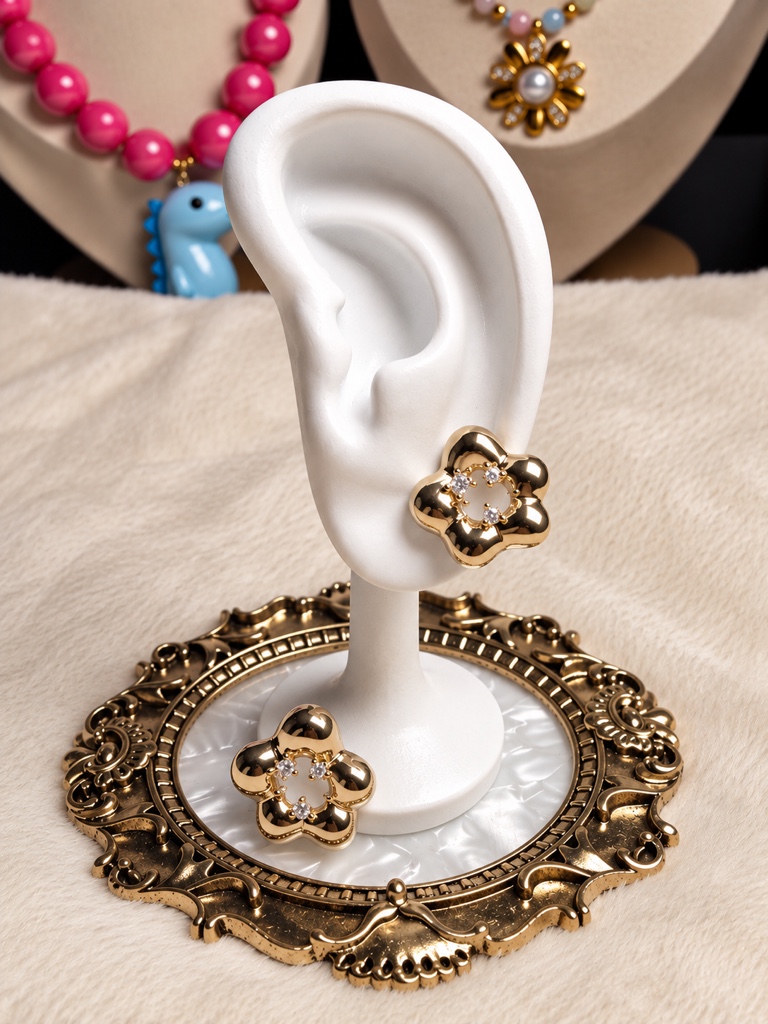 Aretes flor dorada con piedra cristalina