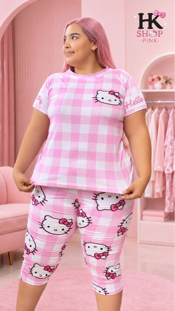 Pijama Hk cuadritos rosa capri plus