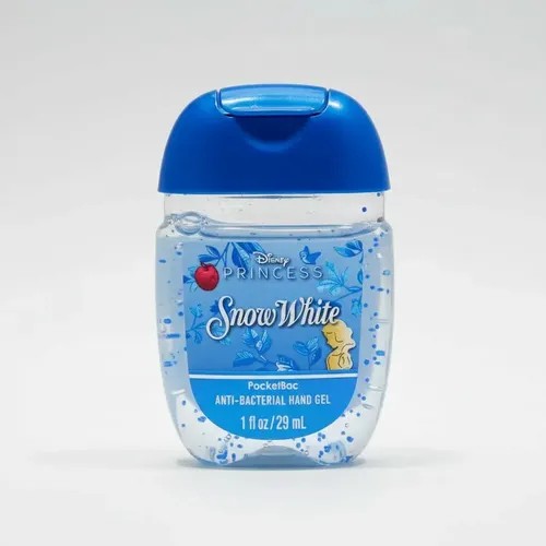 El producto es un Gel Antibacterial PocketBac de Snow White (Blancanieves) de la colección Disney Princess