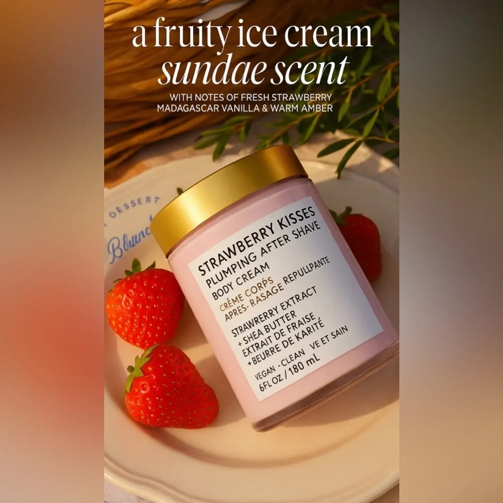 Es la crema corporal post-afeitado Truly Strawberry Kisses Plumping After Shave Body Cream.