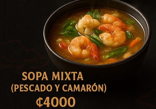 Sopa mixta pescado y camarón, estilo chino
