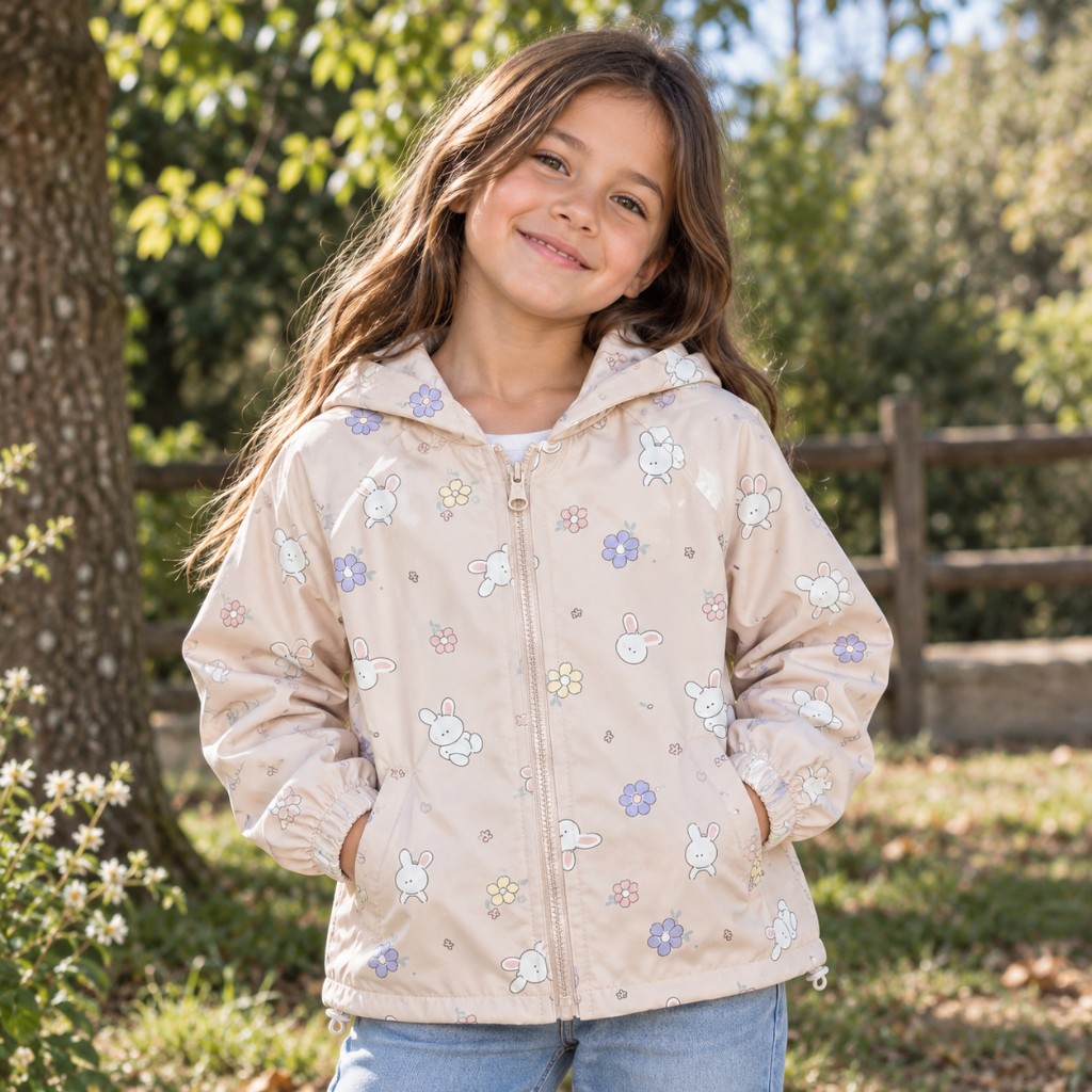 Cortaviento beige conejitos con mini bolsito