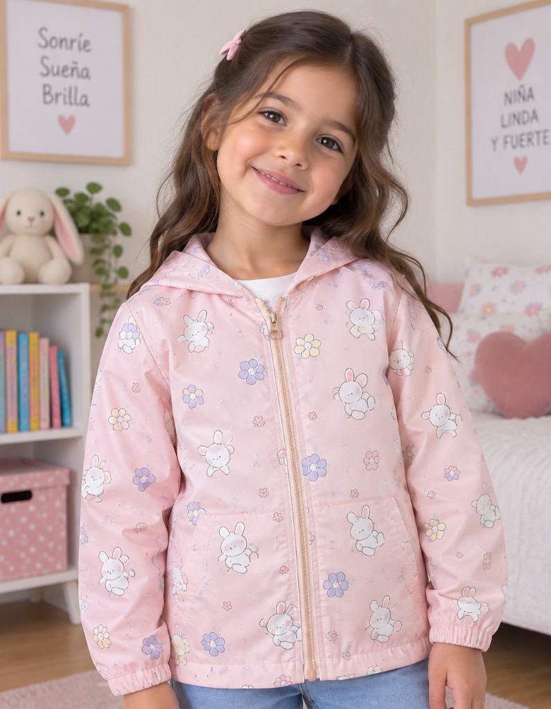 Cortaviento rosa conejito con mini bolsito