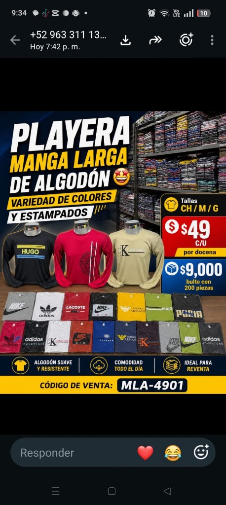 Docena Playera manga larga algodon