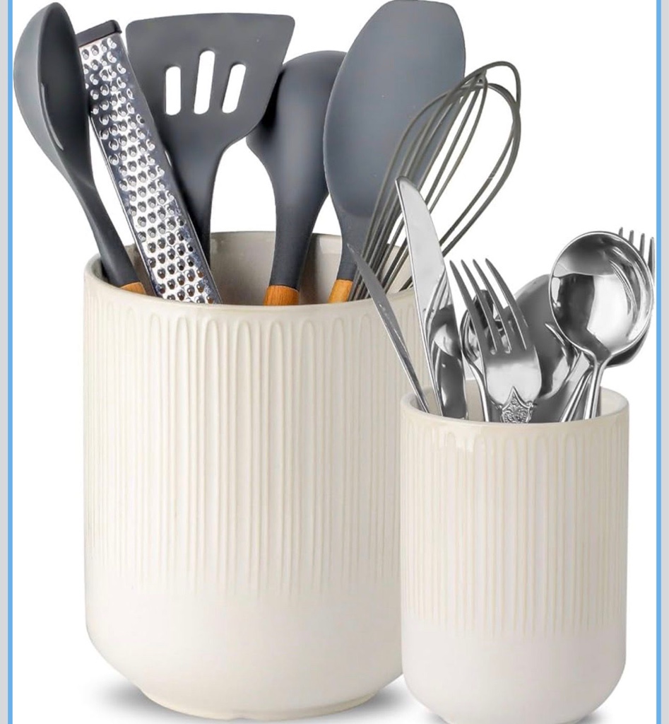 LE TAUCI Soporte Para Utensilios de Cocina de Cerámica de 7.3" + 5.4" Para Encimera, Utensilios de Cocina Grandes Para Encimera de Cocina, Juego de 2, Blanco