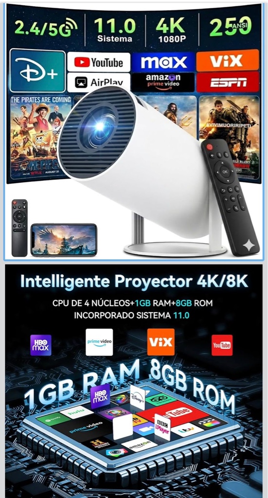 KIROGILY Mini Proyector Portatil 4K, 200 ANSI Resolución Rotación de 180° Proyecto, Compatible con WiFi 6 y Bluetooth Proyector Portatil, Android 11.0 Proyectores Compatible con iOS/Android/PC/PS4/PS5