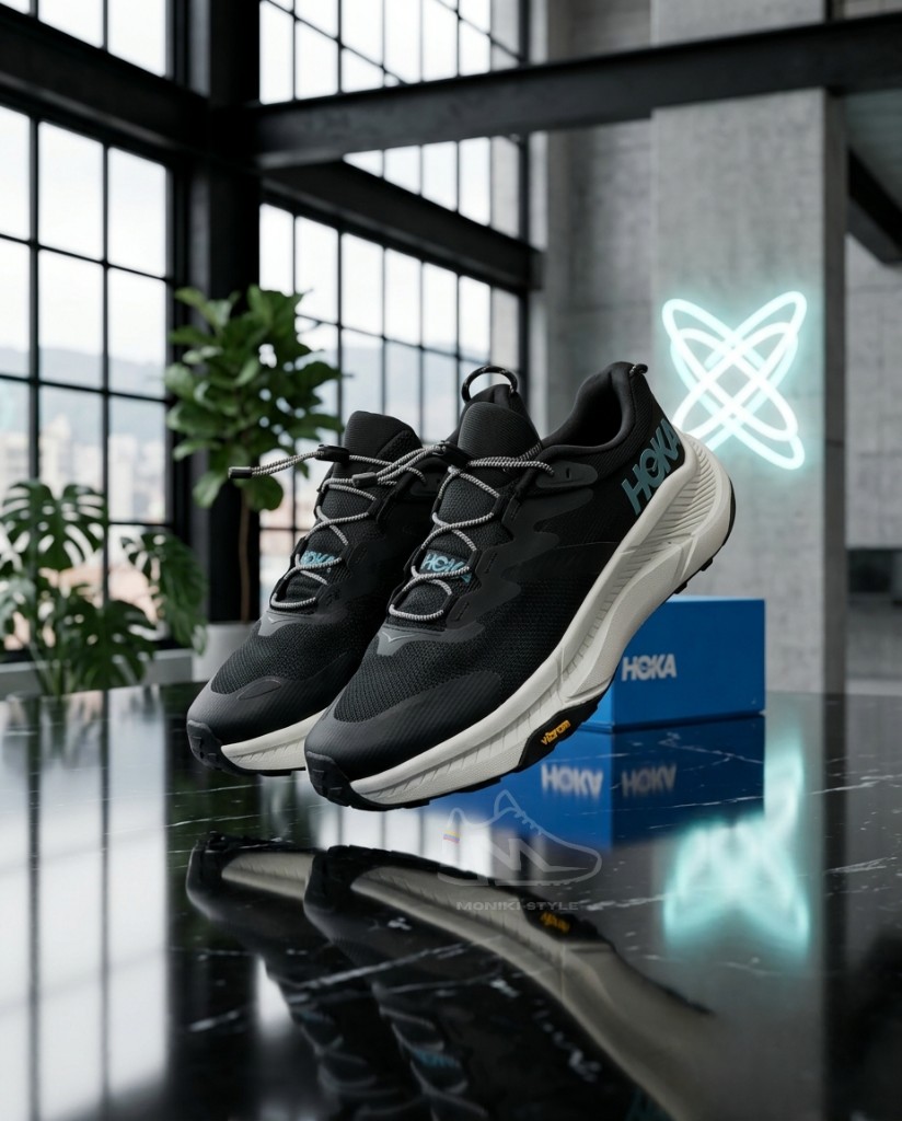 Hoka Transport Negro Detalles Turquesa y Crema Hombre Monikistyle1.1