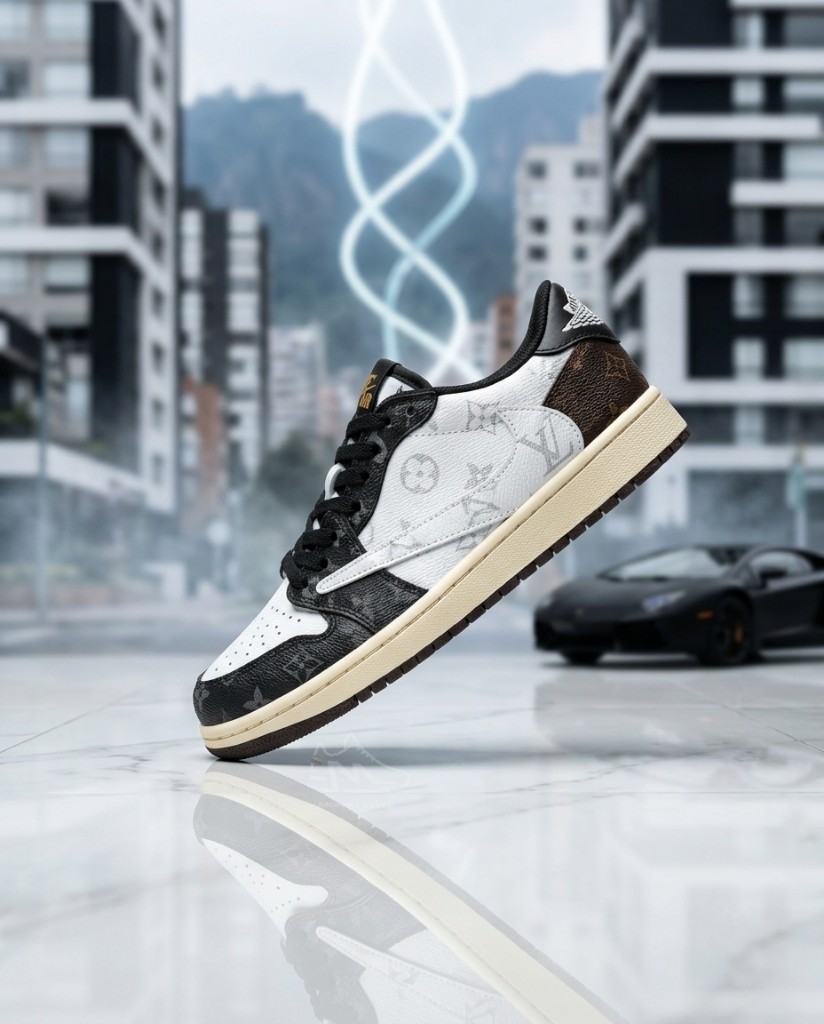 Nike x Louis Vuitton Air Jordan Retro 1 Low Travis Scott Blanco Detalles Negro y Café Hombre Monikistyle1.1