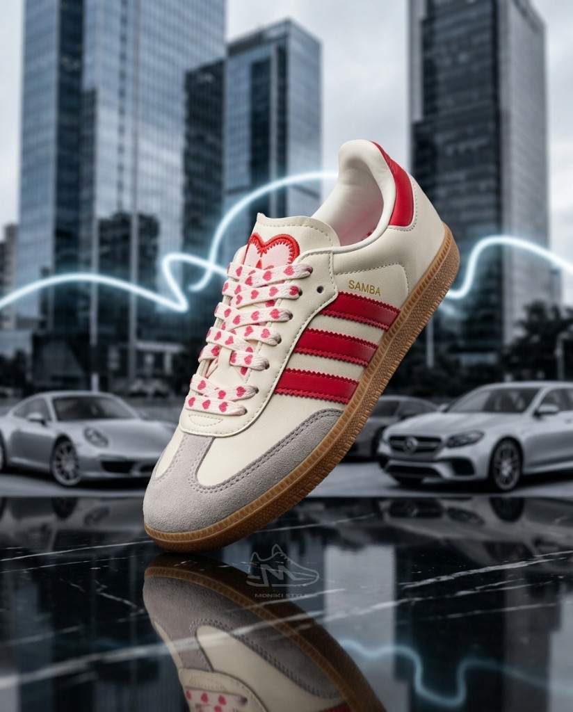 Adidas Samba OG Edición Especial de San Valentín Blanco Crema Lineas y talon rojo Mujer Monikistyle1.1