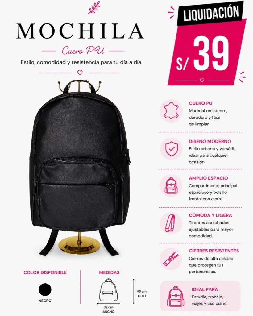 x Mochila negra Cuero PU
