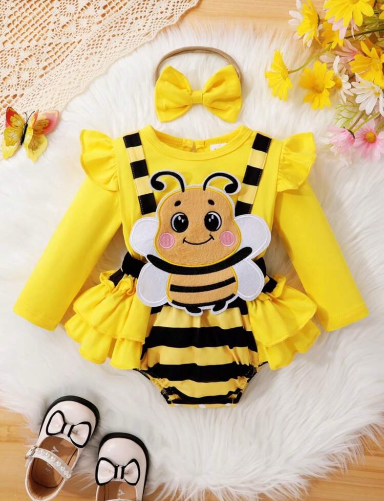 Set de 2 vestidos elegantes, dulces y lindos para niñas bebés con abeja bordada, volantes y rayas de contraste, con diadema, cómodos, adecuados para uso casual, diario, vacaciones, fiestas y sesiones de fotos
