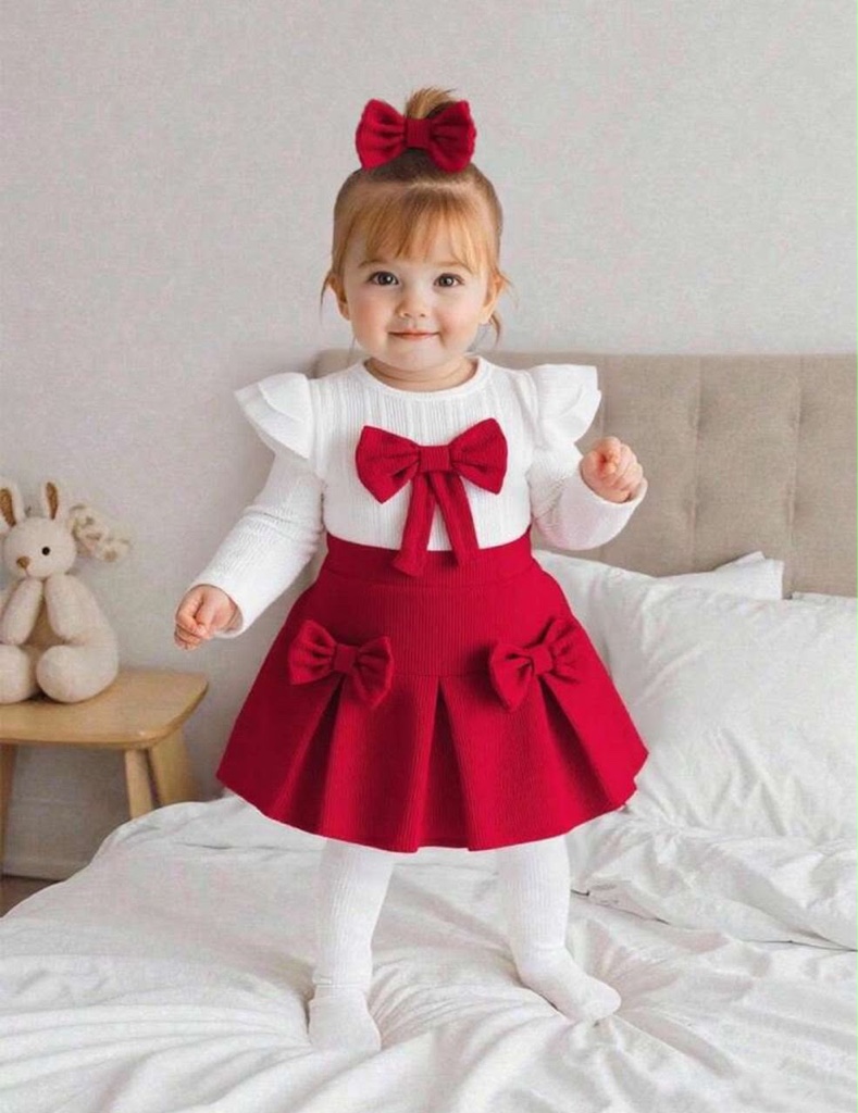 Conjunto de 2 piezas de blusa de manga larga de punto texturizado blanco y falda de pana roja para niñas pequeñas, conjunto lindo y dulce para niñas pequeñas