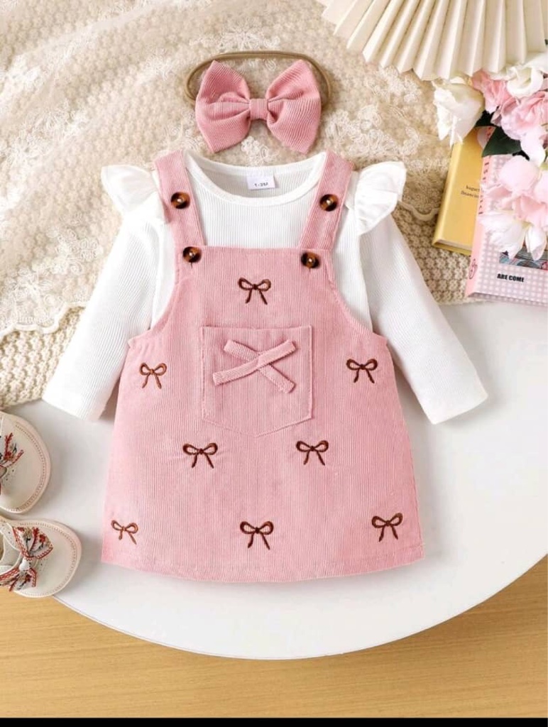 Conjunto de 2 piezas para bebé niña: body cómodo de manga larga y vestido peto bordado con diadema, ligero para primavera y otoño
