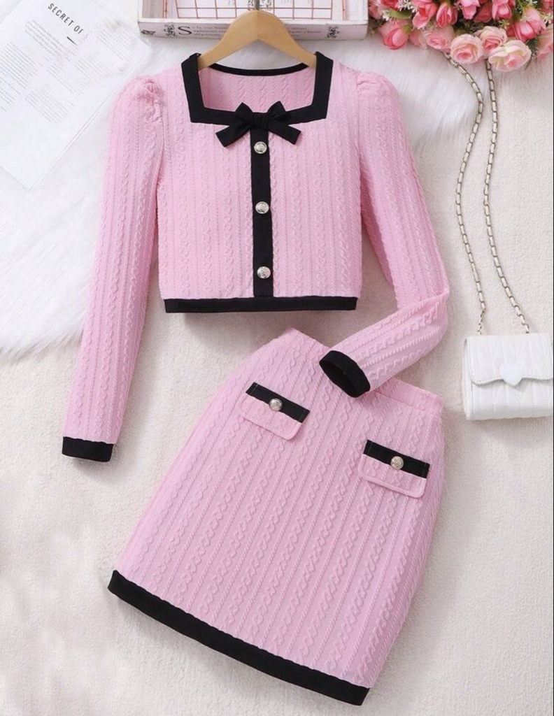 Conjunto de Top de Manga Larga y Falda Estilo Princesa con Cuello Cuadrado Elegante para Niñas Temporada de Regreso a la Escuela