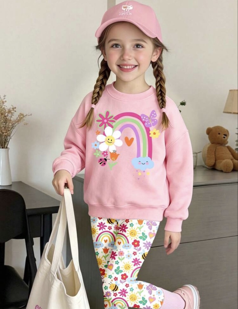 Conjunto de 2 piezas de sudadera básica de cuello redondo & leggings con diseño creativo fresco de arcoíris, flores y lazo para niñas, otoño/invierno, cálido & cómodo, conjunto lindo