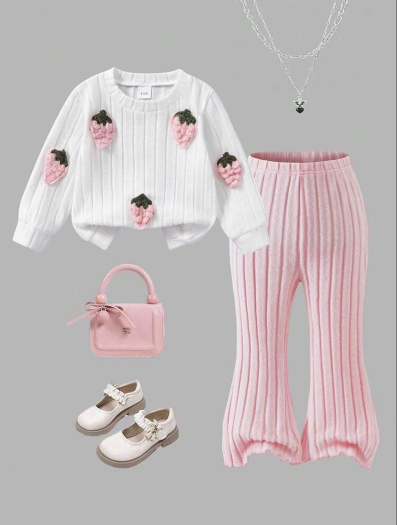 Set de 2 piezas de ropa casual para bebé niña con parte superior con bordado de fresa y pantalones de unicolor para otoño/invierno