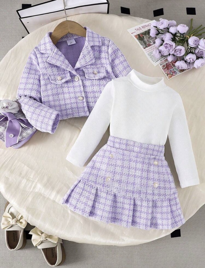 Set de 3 piezas con chaqueta de manga larga con estampado, top de manga larga y falda plisada de estilo uniforme escolar elegante para niña, para primavera/otoño