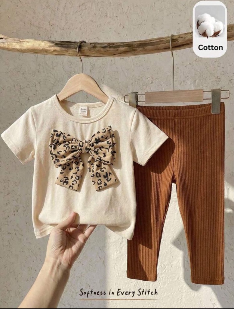 Conjunto de otoño blanco lindo para bebé niña recién nacida, franela de punto con lazo 3D estampado de leopardo y pantalones de invierno con cintura elástica reforzada,