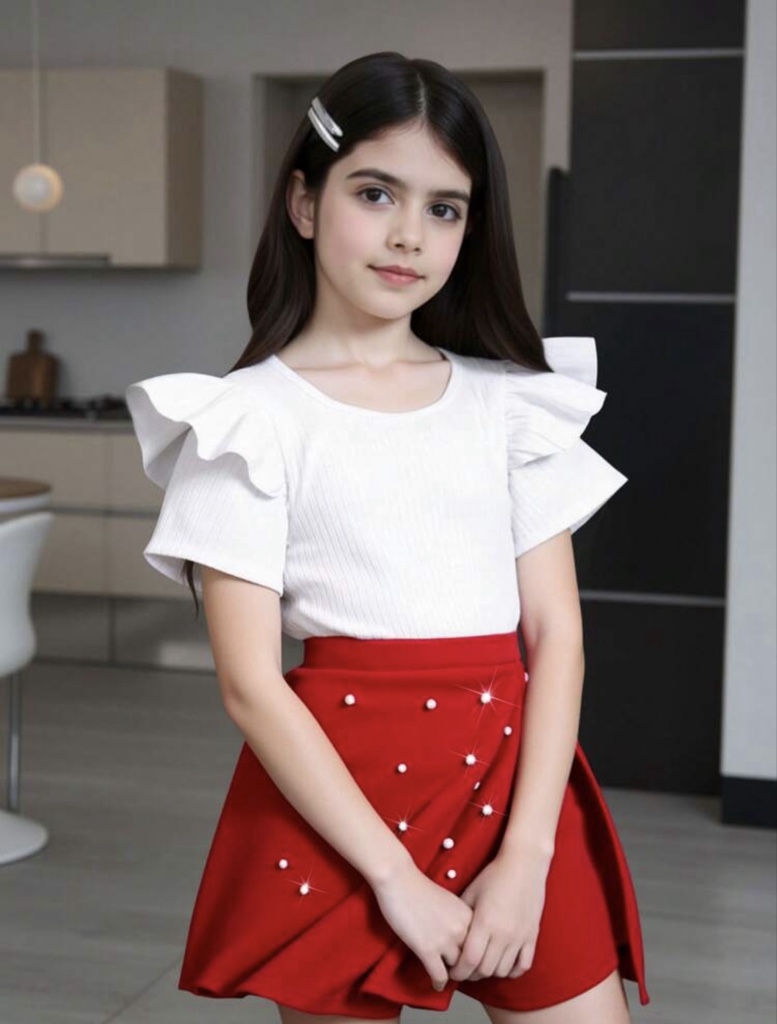 Conjunto de camiseta de manga corta y falda pantalón con perlas de unicolor para niña preadolescente
