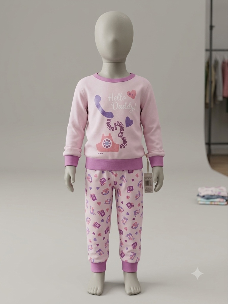 Este pijama conjunto presenta un diseño de teléfono rosa con detalles de corazones morados y la frase "Hello Daddy!".