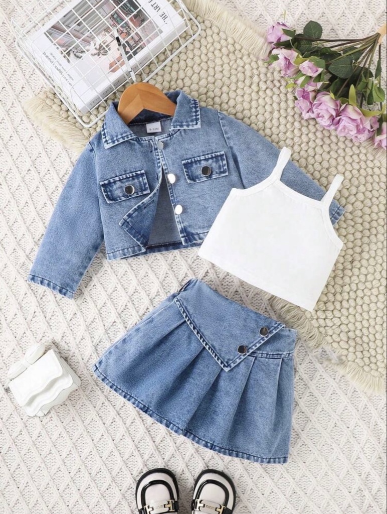 Conjunto de 3 piezas para bebé niña con chaqueta estilo universitario, camiseta y falda plisada, para otoño/invierno
