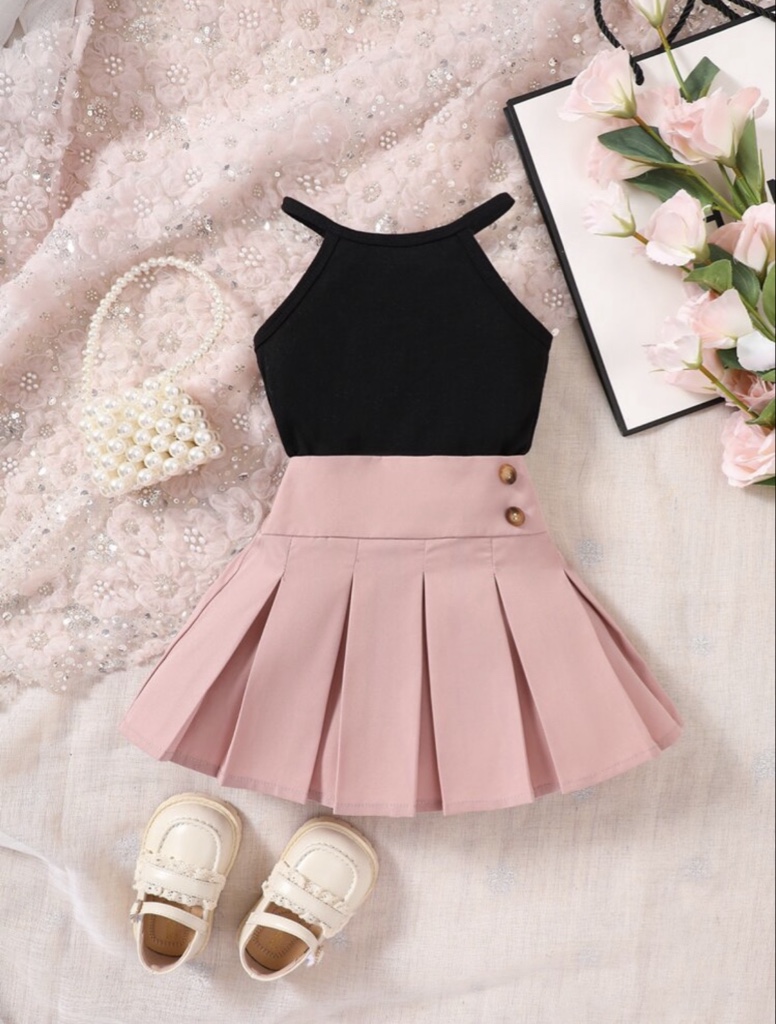 SHEIN Conjunto de 2 piezas de top con cuello de halter y falda plisada para niña bebé