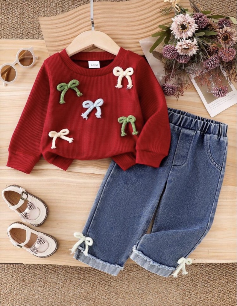 2 piezas Conjunto informal para niña, incluye top de manga larga con cuello redondo y decoración de lazo 3D, y jeans de cintura elástica con puños con ribete de lazo 3D,