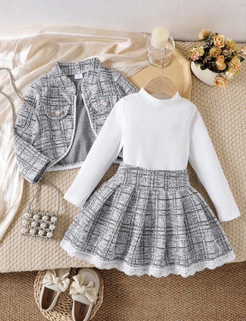 Conjunto de 3 piezas para niñas con chaqueta de manga larga elegante con encaje floral, blusa de manga larga de unicolor y falda, para otoño/invierno