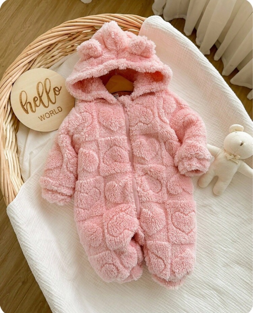 Pelele con capucha con cremallera con diseño de corazón rosa esponjoso de 3D para bebé recién nacida, otoño/invierno