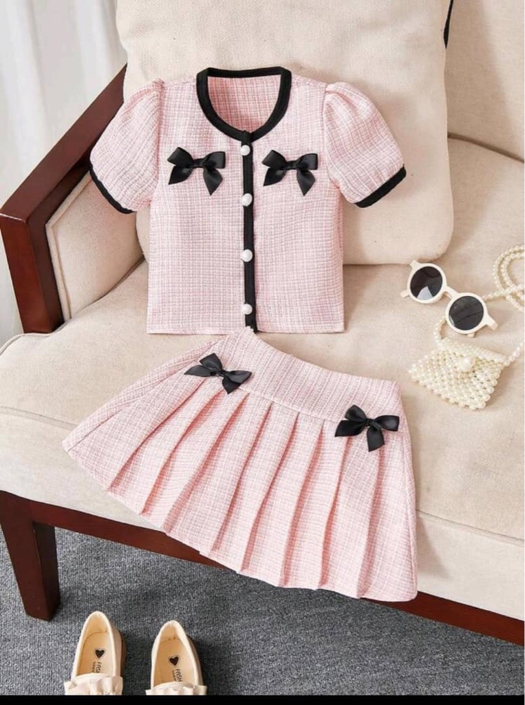 Souflis Souflis Conjunto de 2 piezas de blusa con mangas abullonadas y falda plisada con decoración de moños de colores para niña, conjunto casual cómodo para fiesta, vacaciones, exterior,