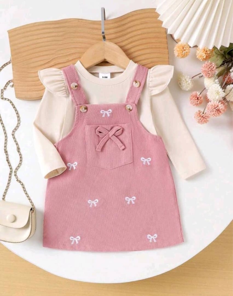 2 piezas Conjunto de blusa de manga larga y vestido de tirantes lindo y elegante para bebé niña, delgado primavera/otoño