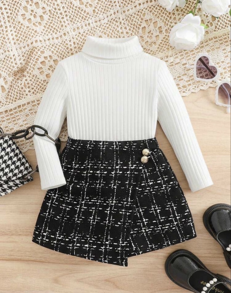 [93% Algodón,7% Elastano] SHEIN 2 piezas Conjunto de top de manga larga negro tejido y pantalones cortos a cuadros con cintura elástica para niña bebé, conjunto de 2 piezas de traje de invierno para niña bebé, conjunto de falda de invierno