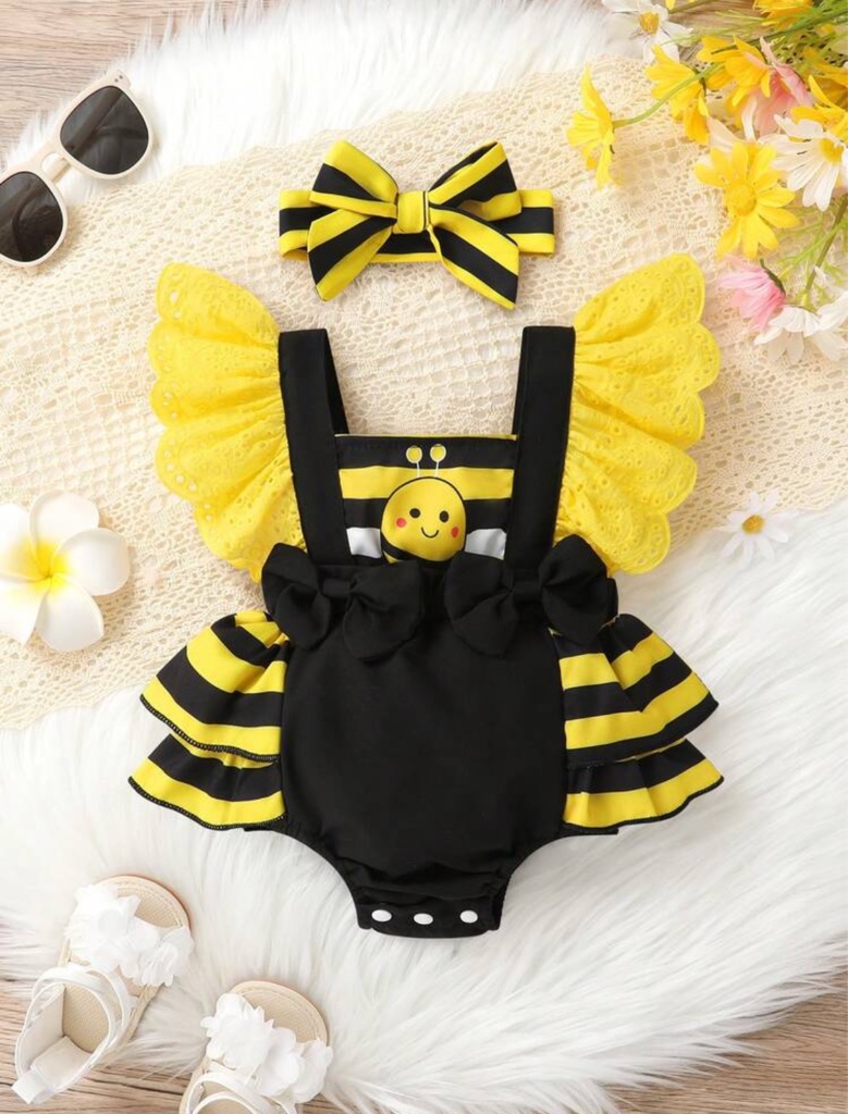 2pcs/Set, Bebé Niña, Casual Elegante Lindo, Estampado de Abeja de Dibujos Animados Divertido, Decoración de Lazo, Encaje Bordado, Body con Volantes en Capas y Diadema, Ropa de Bebé Niña, Vestido de Bebé Niña, Ropa de Bebé Recién Nacido Niña, Atuendo para Fotografía de Bebé, Atuendo para Fiesta de Bebé, Suministros para Bebé, Ropa de Bebé, Adecuado para Vacaciones, Fiesta y Sesión de Fotos, Fiesta