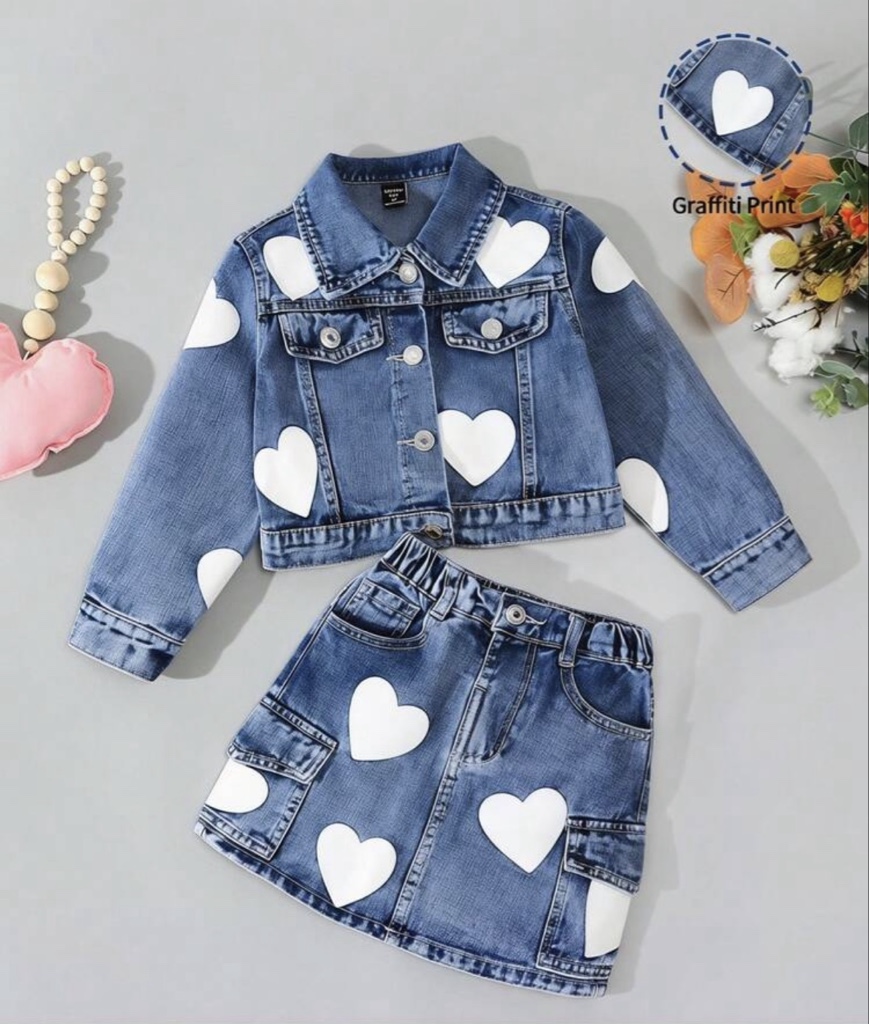 Conjunto de 2 piezas: Chaqueta vaquera con estampados de corazones y falda cargo con cintura elástica y bolsillos planos para niña joven, estilo urbano y moderno Y2K