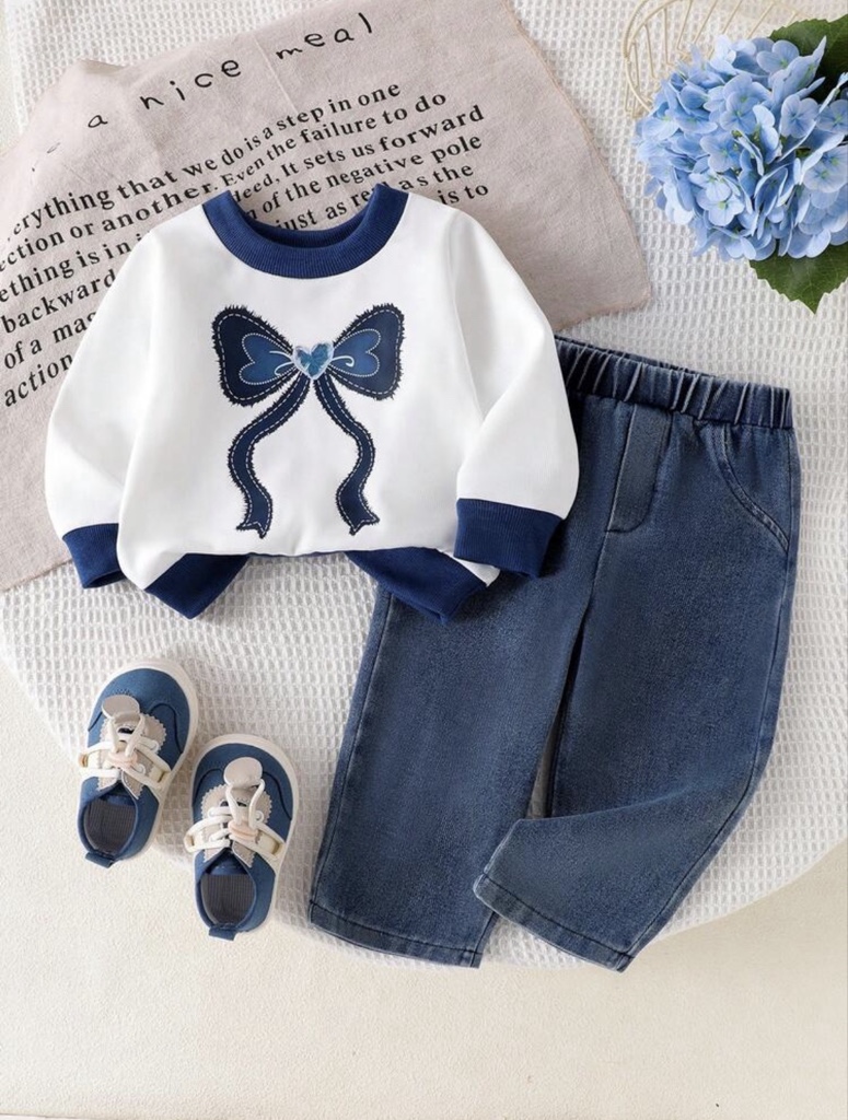 Conjunto de 2 piezas de ropa de moda para bebé niña, sudadera con estampado de lazos de cuello redondo de manga larga con parches y pantalón vaquero recto de cintura elástica, para otoño/primavera