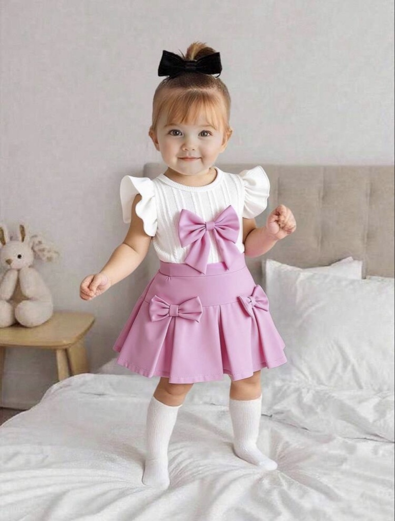 SHEIN Playful Pals 2 piezas Conjunto de blusa con mangas de volantes y lazo y falda plisada con lazo para niñas bebé, conjunto de vestido casual y elegante para niña bebé, vestido de princesa rosa con lazo para bebé, vestido rosa vintage de 2 piezas para niña bebé, conjunto de falda rosa con lazo y blusa para niña bebé, conjunto de falda y blusa rosa para niña bebé