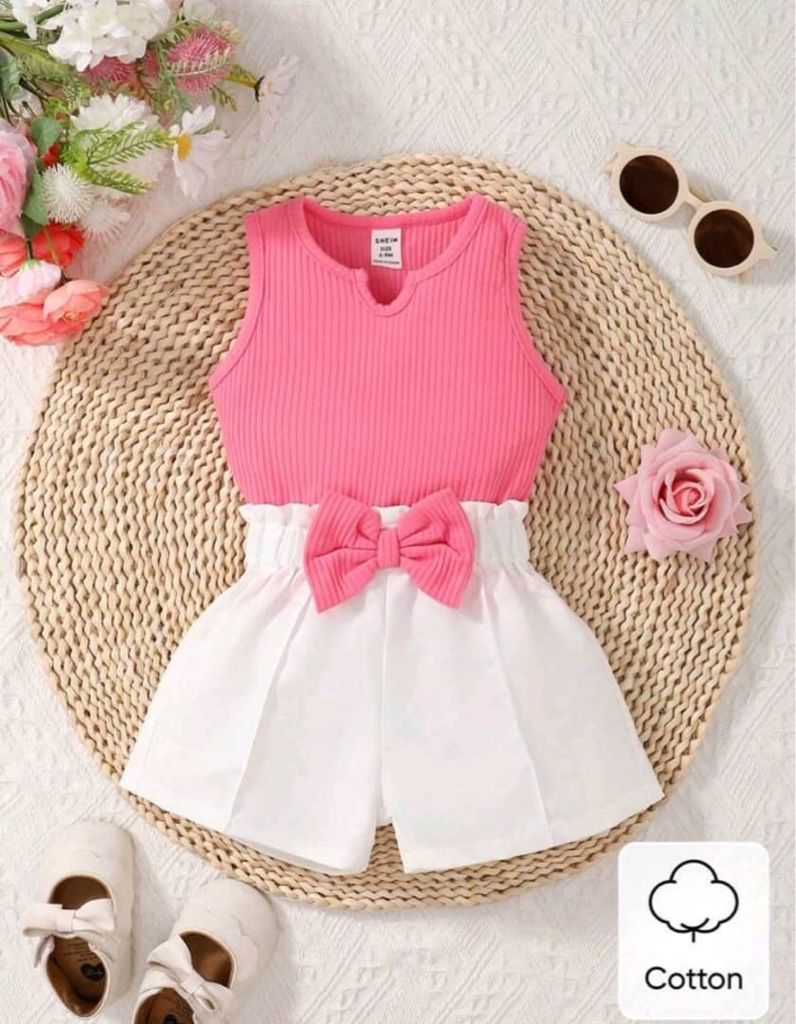 Camiseta Sin Mangas Para Niña Con Cuello En V Y Pantalones Cortos Con Cintura De Papel Y Lazo En La Parte Delantera