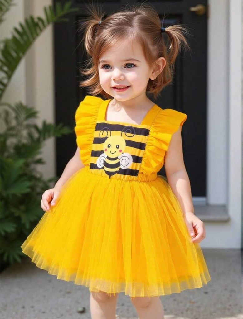 1 pieza Vestido de princesa para niñas bebé con cuello redondo, mangas cortas y rayas, con una falda de tul, ideal para uso casual, de fiesta, escuela o Halloween, nuevo lanzamiento de verano